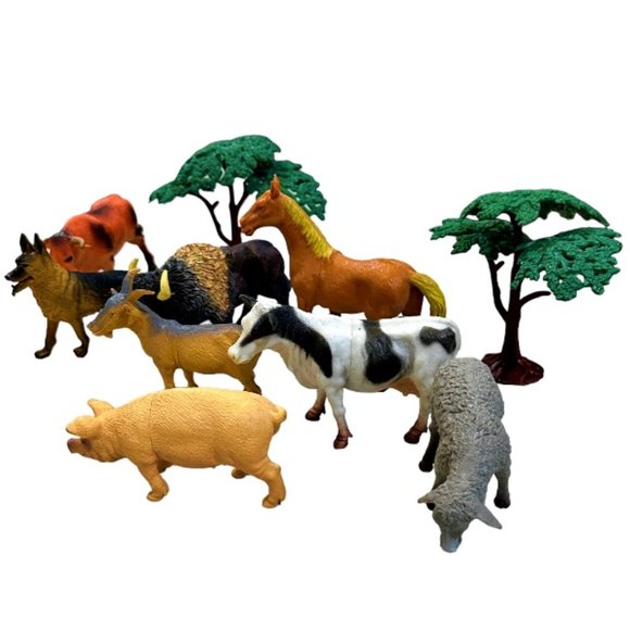 Plastic Down on the Farm Animals - Hard Plastic - Lot of 8 + 2 Trees - Picture 4 of 7
